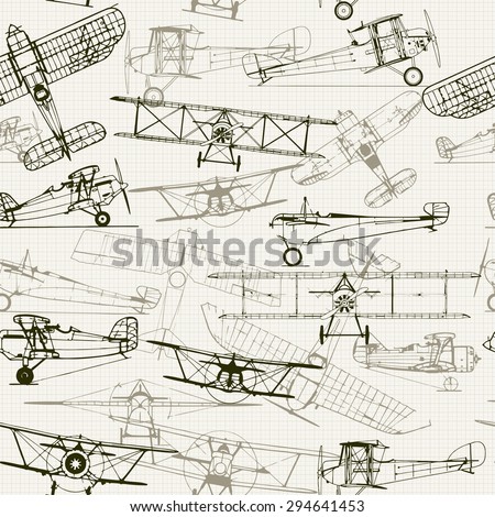 Vintage  seamless background. Stylized airplane illustration composition. texture of graph paper can be turned off. Can be used for wallpaper, pattern fills, web page background,surface textures. 