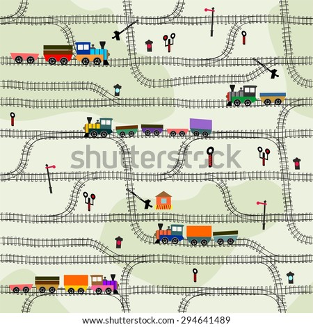 Funny kids seamless pattern railway with locomotives, wagons, semaphores. turnpikes. Can be used for wallpaper, pattern fills, web page background, surface textures. Easy editable vector.