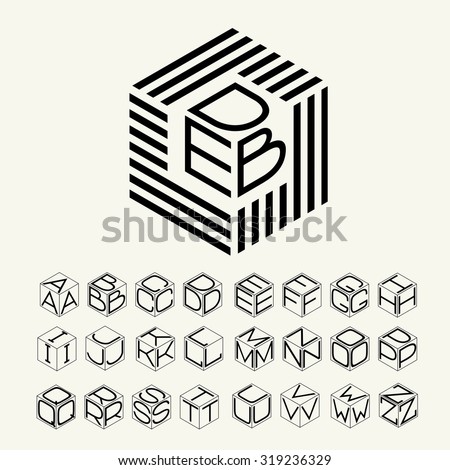 Modern monogram cube, hexagon of the strips, and three letters inscribed. Plus a set of letters to create the logo.