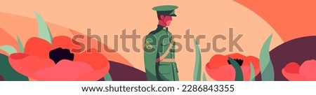 Anzac Day Tribute: Pastel Illustration with Poppy and Soldier. Capture the spirit of Anzac Day with this touching stock photo featuring a flat illustration in vector format.