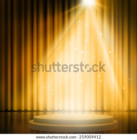 Gold curtains on theater with spotlight.