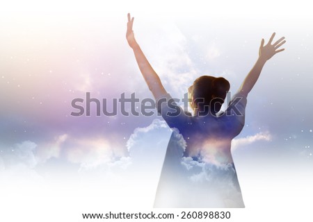 Double exposure of happy celebrating success woman at night sky.