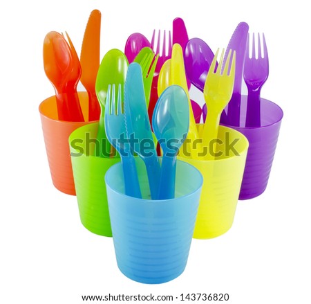 spoon fork cup and bowl Plastic ware with white isolate background