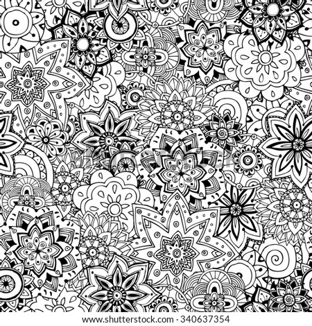 Floral Mendi Hand Drawn Seamless Pattern. Doodle Vector Background ...