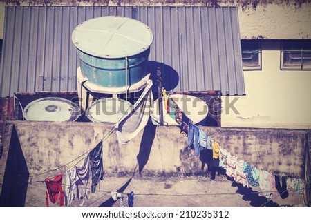 Vintage picture of clothes drying on rooftop, Rio de Janeiro, Brazil.