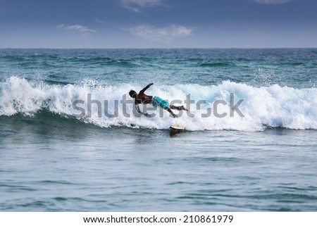 MIRISSA, SRI LANKA - MARCH 04, 2009: Silhouette of a surfer falling off the board on waves in famous beach in Sri Lanka.