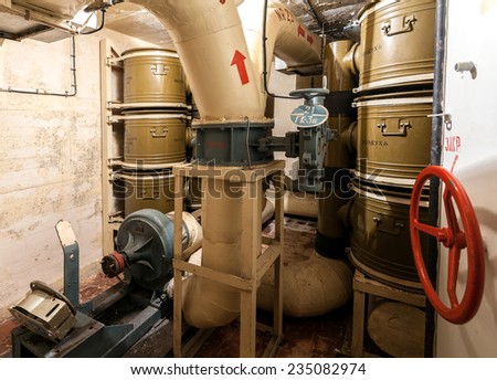 PODBORSKO, POLAND - NOVEMBER 29, 2014: Air filtering system room in Soviet nuclear weapon storage. During the Cold War, three of such a top secret facilities were located in Poland.