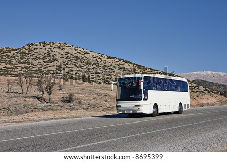 Tourist white Bus on Road, Turkey, Middle East