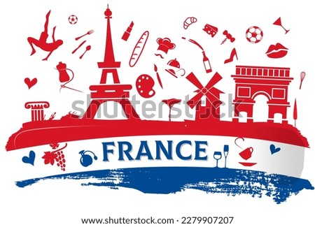 france travel banner with icon and monuments on the flag