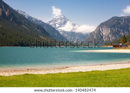 Plansee summer landscape with snow on mountainside and flower in front (Austria)