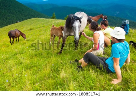 a group of friends, mountain tourists resting on the grass among the flocks of wild horses and their calves against the blue sky.