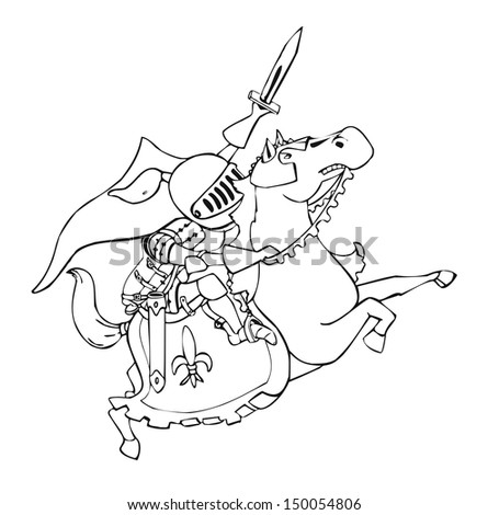 Knight On Horseback With Drawn Sword/Drawing - Outline Stock Photo ...