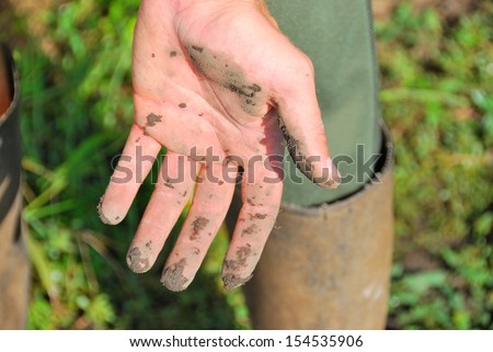 male hands soiled with dirt after working in the garden.