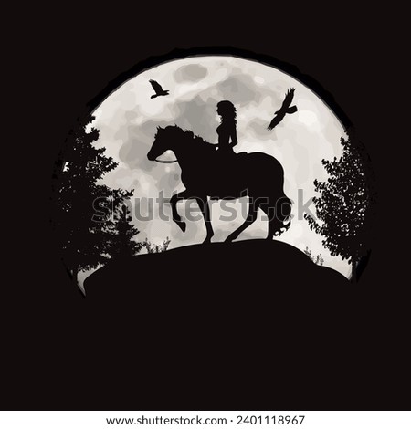 Vector illustration of a woman riding a horse under a full moon. Symbol of night and horse riding.
