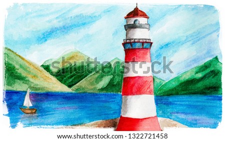 Watercolor illustration of lighthouse and mountains and a boat. Vintage hand drawn card. 