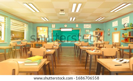 Empty school classroom in cartoon style. Education concept without students. 3d rendering interior illustration. Back to school design template. Classroom in quarantine on coronavirus COVID-19.