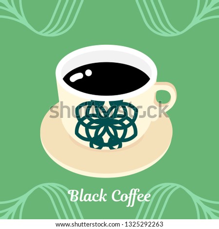 A black coffee cup with saucer with green pattern on green background.