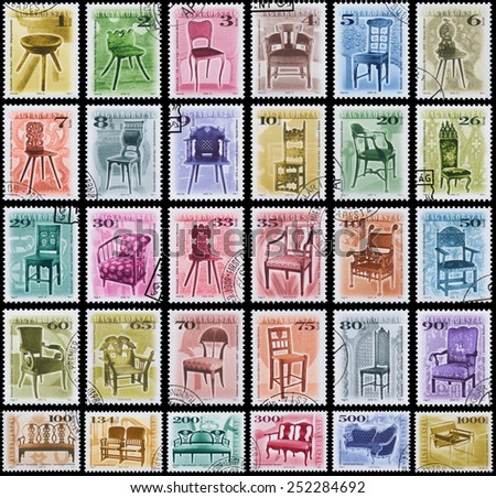 HUNGARY - CIRCA 1999: Set of stamps printed in Hungary, shows antique Chairs, Stool, with the same inscription, from series \
