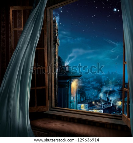 Similar – Image, Stock Photo Window view with curtain