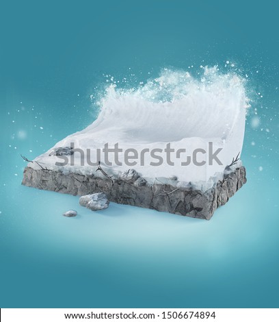Travel and vacation background. 3d illustration with cut of the ground and the beautiful snow wave. Baby wave isolated on blue.