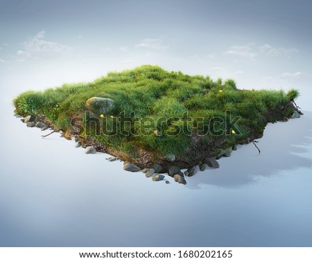 Travel and vacation background. 3d illustration with cut of the ground and the beautiful grass and rocks. Baby grass isolated on blue.