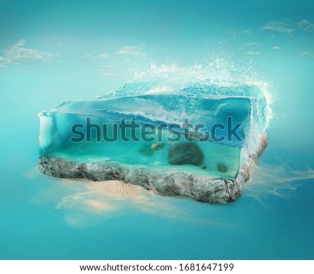 Travel and vacation background. 3d illustration with cut of the ground and the beautiful sea underwater. Baby sea isolated on blue.