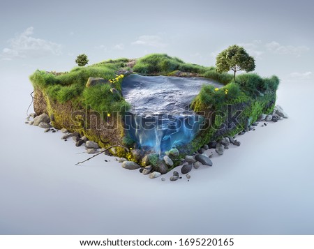Travel and vacation background. 3d illustration with cut of the ground and the grass landscape with the cut of the pond. Baby nature isolated on white.