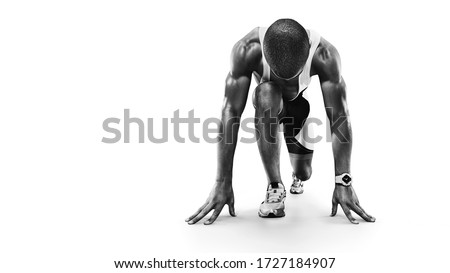 Sports background. Runner on the start. Black and white image isolated on white.  Foto d'archivio © 
