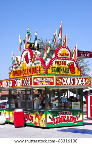 corn dog and lemonade concessions stand at a carnival
