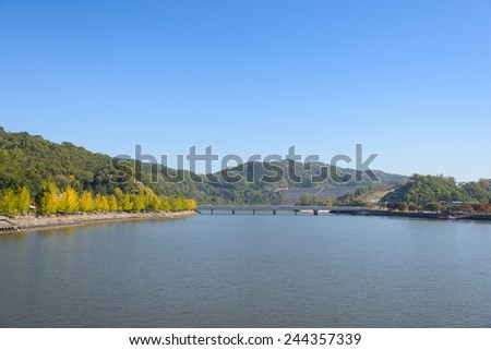 whoe view of Andong Dam across the Nakdong river in Korea
