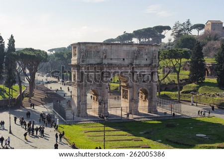 ROME, ITALY - JANUARY 21, 2010: Arch of Constantine is a triumphal arch in Rome near the colosseum and it is the lastest one of existing triumphal arches in Rome.