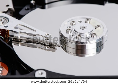 closeup of disassembled Hard disk drive. The images include Actuator Arm, head, Platter, Soindle and etc.