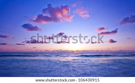 Beach, pink light sunset, beautiful calm landscape of waterscape, peaceful Mediterranean sea panoramic view, zen blur motion on tide waves, deep ocean bay, summer scenic nature, vacation and travel