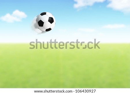 Football ball flying over field, competitive team sport, open play space, green grass stadium outdoor, action slow motion, concept background of games and active lifestyle