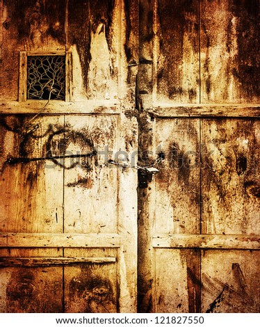 Image of old wooden dirty door background, retro style photo, grungy entrance into house, locked door, aged scratched texture, building concept, vintage wallpaper