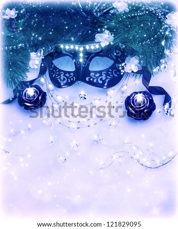Image of blue festive border, carnival mask with diamonds jewelery, pearls necklace with luxury masquerade accessories on white glowing background, New Year still life, Christmas party invitation