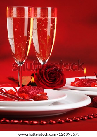 Photo Of Beautiful Red Romantic Table Setting, White Festive Utensil ...