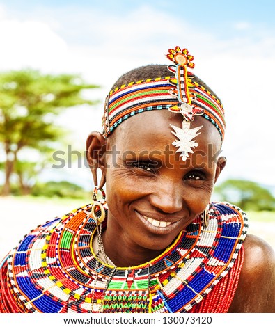 AFRICA,KENYA, SAMBURU,NOVEMBER 8: Portrait of Samburu  woman wearing traditional handmade accessories,  review of daily life of local people, near Samburu Park National Reserve, November 8,2008,Kenya