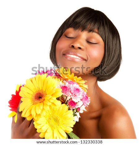 Similar – Image, Stock Photo Cheerful black woman smelling aromatic flower in hothouse