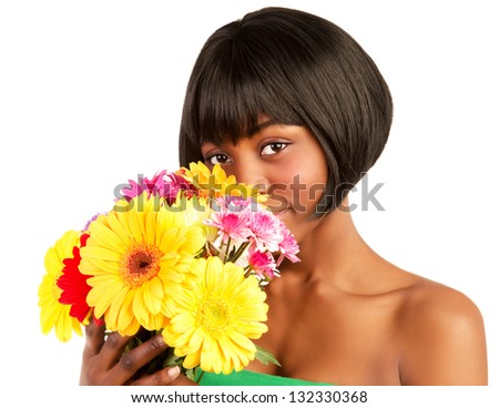 Attractive Young Black Woman Holding In Hands Fresh Colorful Flowers ...