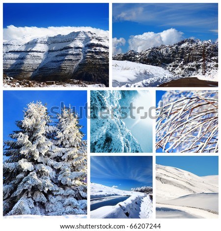Beautiful winter collage, collection of cold weather landscapes with mountains & trees covered with snow over blue sky