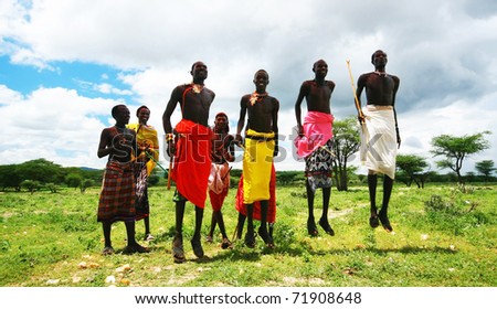 KENYA, AFRICA - NOVEMBER 8: African warriors dance in traditional jumps as a cultural ceremony, typical daily life of local people, near Samburu National Park Reserve, on November 8, 2008 in Kenya, Africa
