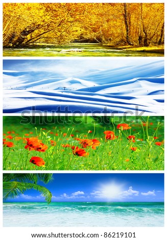 Four seasons collage, panoramic images of beautiful natural landscapes at different time of the year, autumn, winter, sprig and summer weather, planet earth life cycle concept