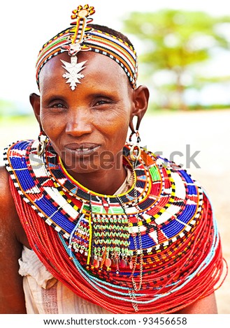 SAMBURU,KENYA - NOVEMBER 8: portrait of an African tribal lady, wears handmade cultural accessories for traditional dance on November 8,2008 in tribal village near Samburu National Park Reserve,Kenya.