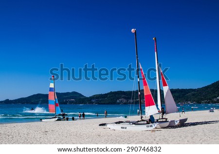 PHUKET,THAILAND-FEBRUARY 25 : Sailboat for rent at Patong beach in Phuket,Thailand on February 25,2015.Patong beach is the most popular beach in Phuket.