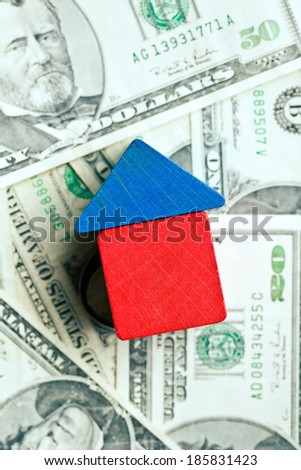 the house made from wooden toy blocks on dollar background