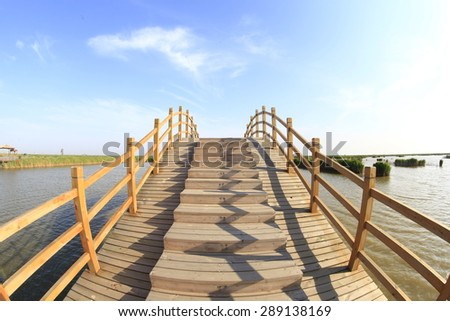 Beautiful wooden bridge in wetland park