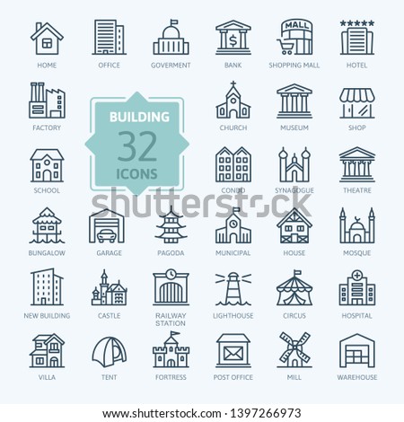 Building minimal thin line web icon set. 
Outline icons collection. Simple vector illustration.