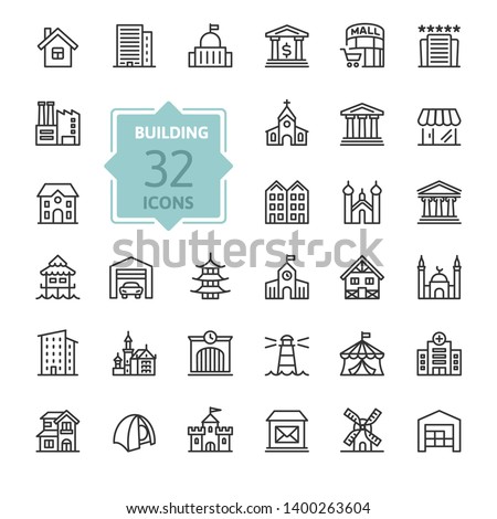 Building minimal thin line web icon set. 
Outline icons collection. Simple vector illustration.