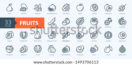 Fruits, exotic fruits, vegetarian - minimal thin line web icon set. 
Included the simple vector icons as mango, durian, rambutan, guava, tamarind, jackfruit. 
Outline icons collection.